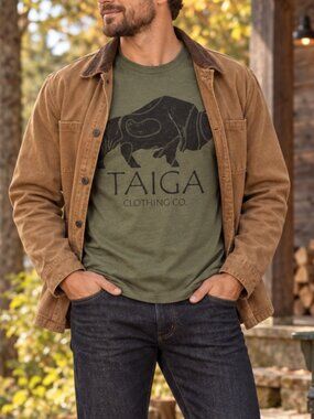 Taiga Men's Graphic Tee Army Green Buffalo Print Outdoor Adventure Style